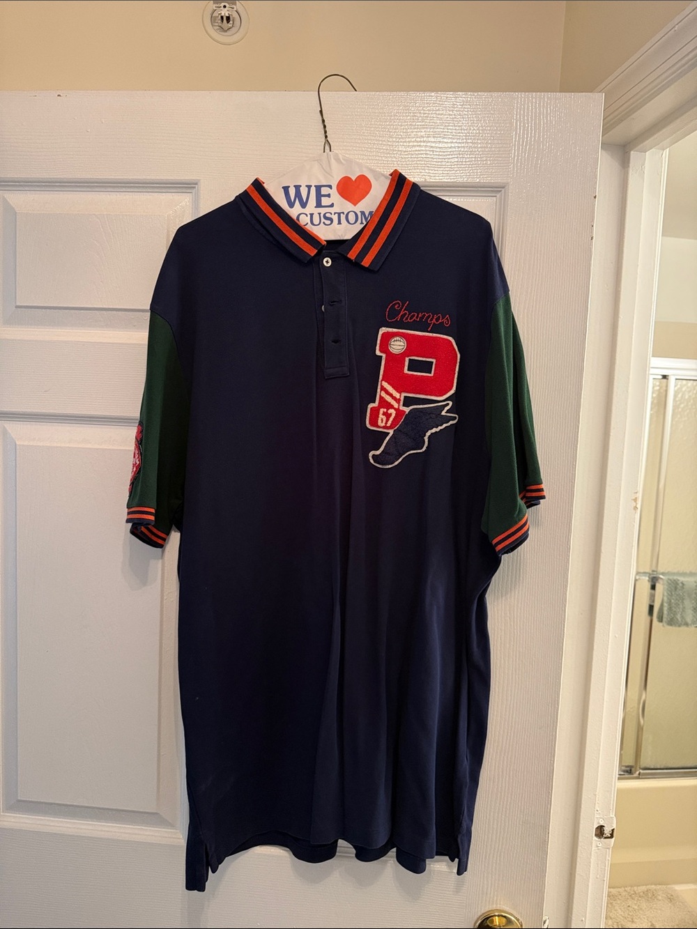 Vintage P Wing Polo by Ralph Lauren Navy Polo with Green Sleeves & Red Accent